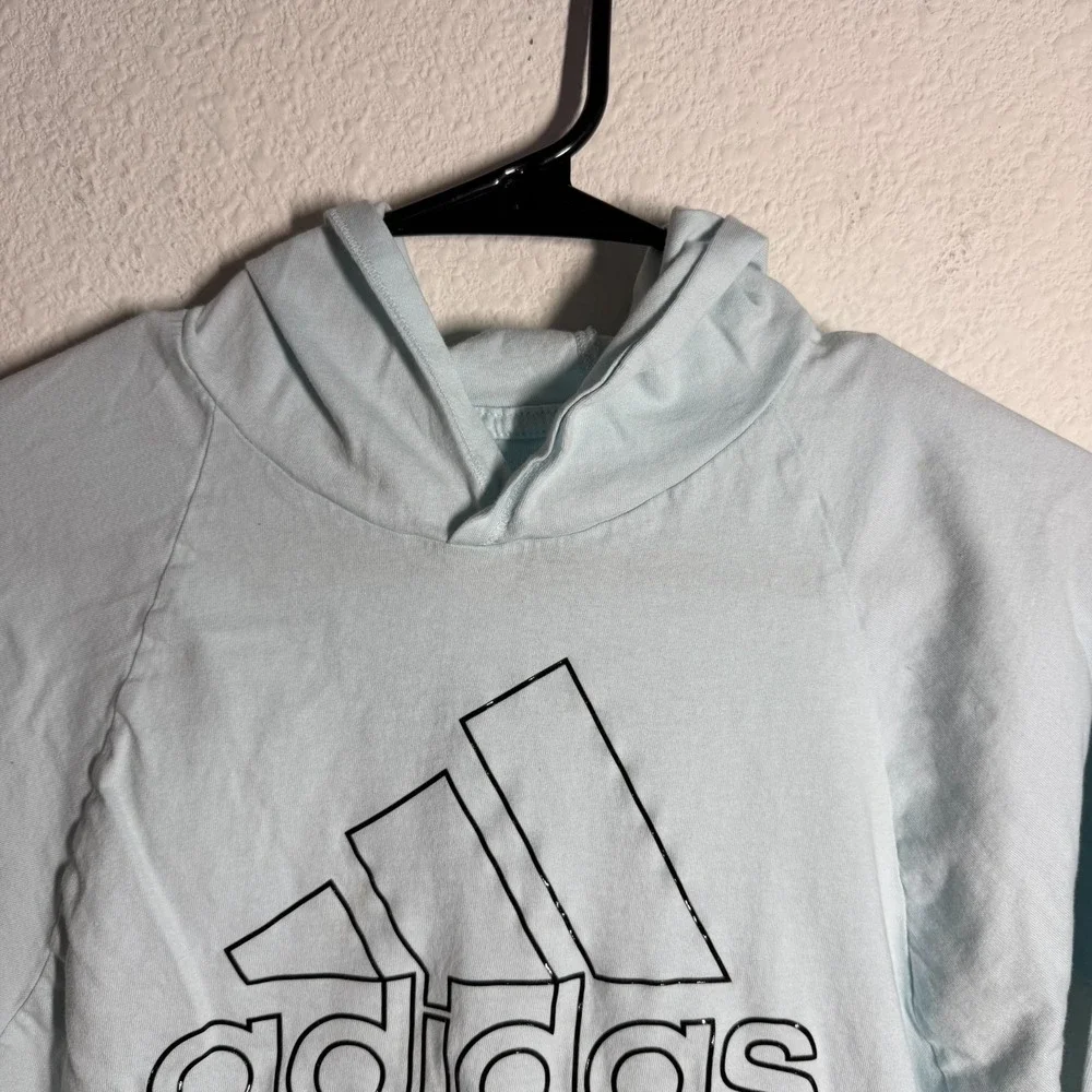 Adidas Hoodie Girl Medium 10/12 Light Blue Graphic Print Spellout Logo Loose Fit